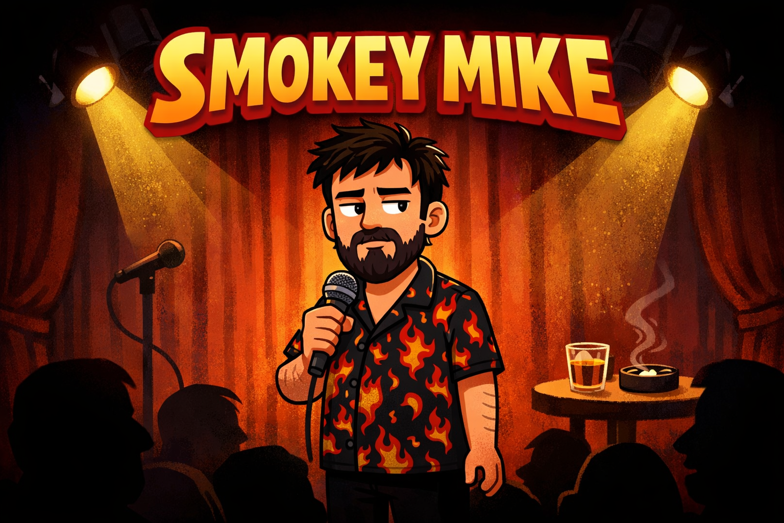 Smokey Mike, a tired comedian with dark hair and a beard wearing a flame-patterned shirt, stands on stage holding a microphone. Golden stage lights illuminate him from above against red curtains. The title SMOKEY MIKE appears at the top in bold yellow and red letters. His expression is weary and resigned, capturing the exhausted energy of a struggling performer.